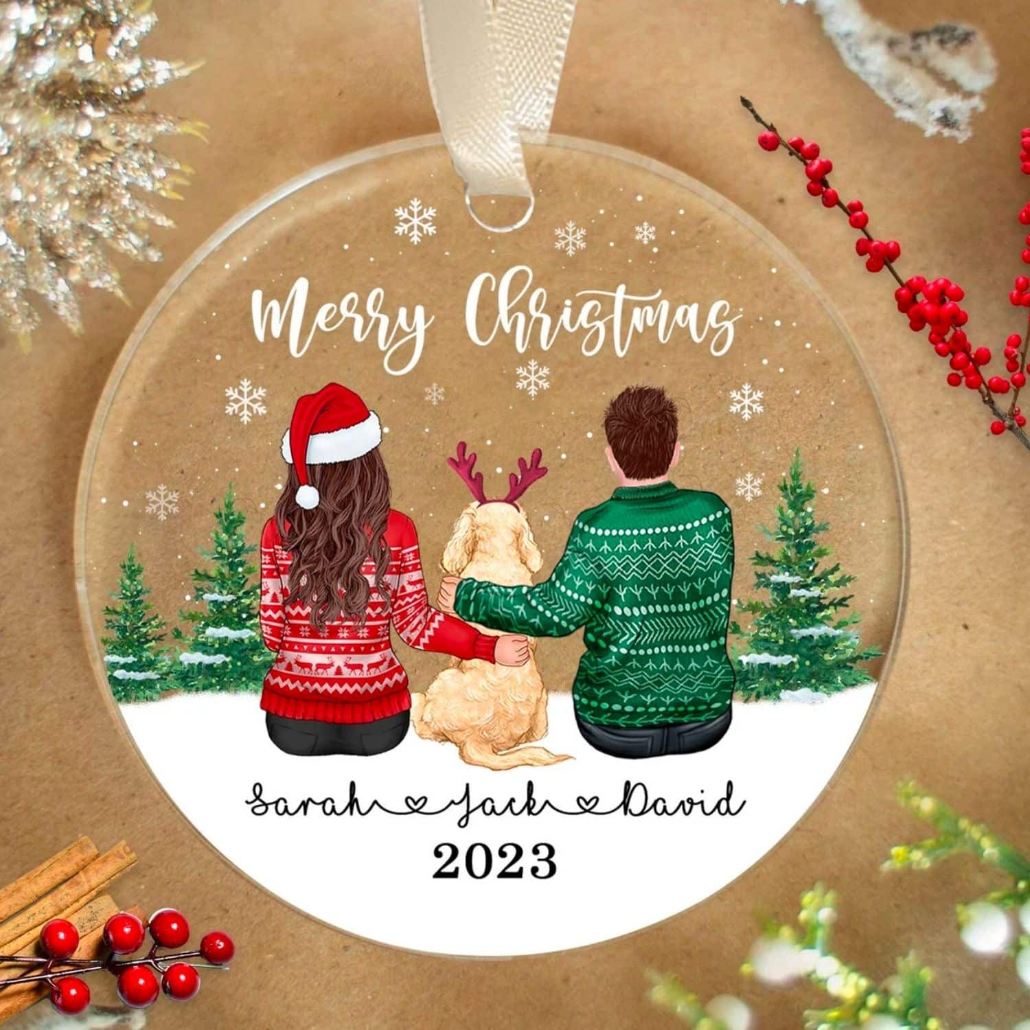 Couple With Dog Christmas Ornament 1 - dog Christmas ornaments | PawCool ™